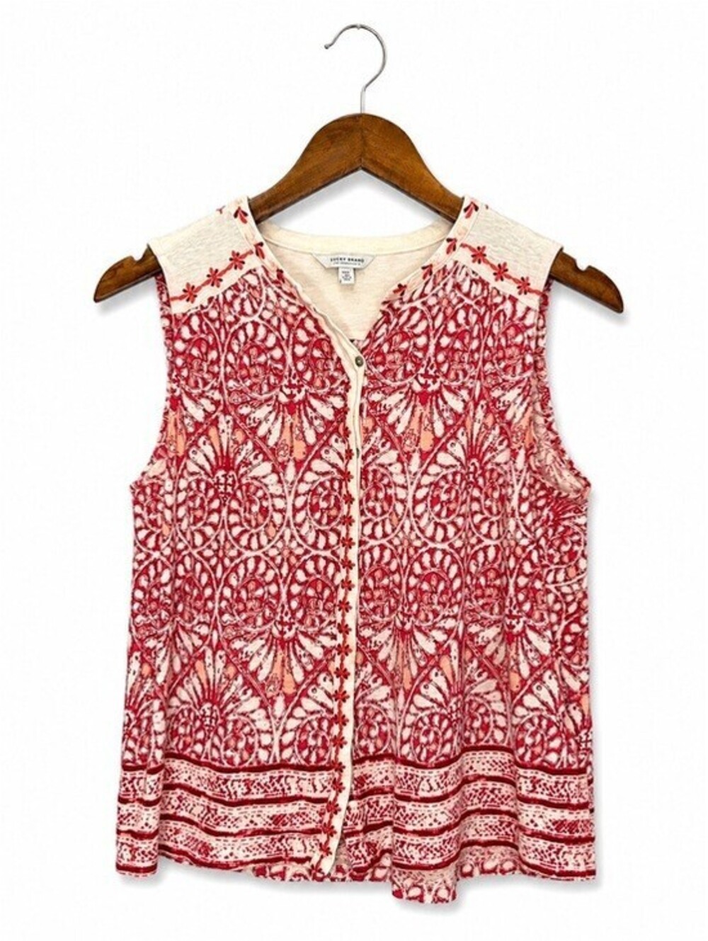 Lucky Brand Sleeveless Embroidered Henley Red Ivory Boho Floral Medallion Medium